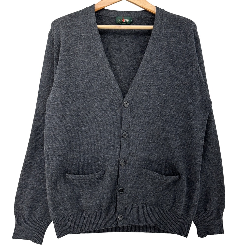 J.Crew 90s Mens Wool Cardigan Sweater Charcoal Gray V-Neck Button Front Dadcore